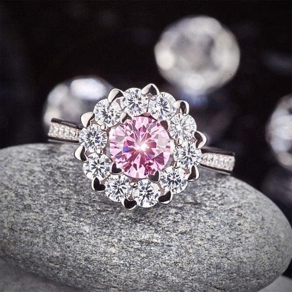 Snowflake 925 Sterling Silver Pink Created Diamond Ring