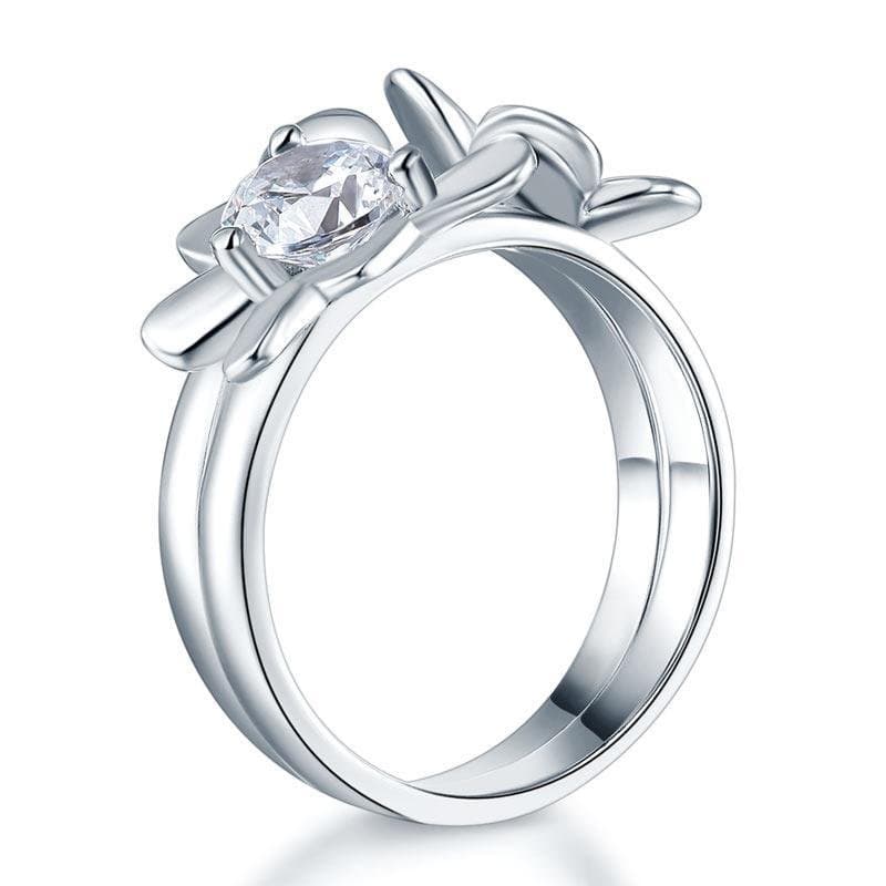 Solid 925 Sterling Silver 2-Pcs Butterfly Flower Ring Set