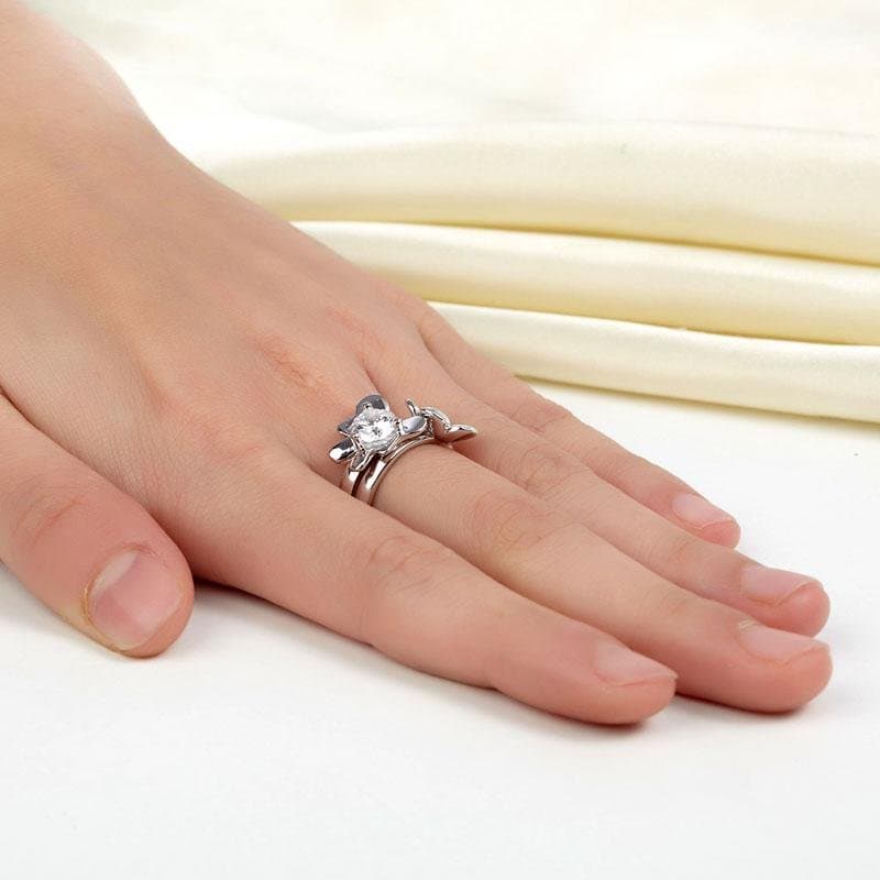 Solid 925 Sterling Silver 2-Pcs Butterfly Flower Ring Set