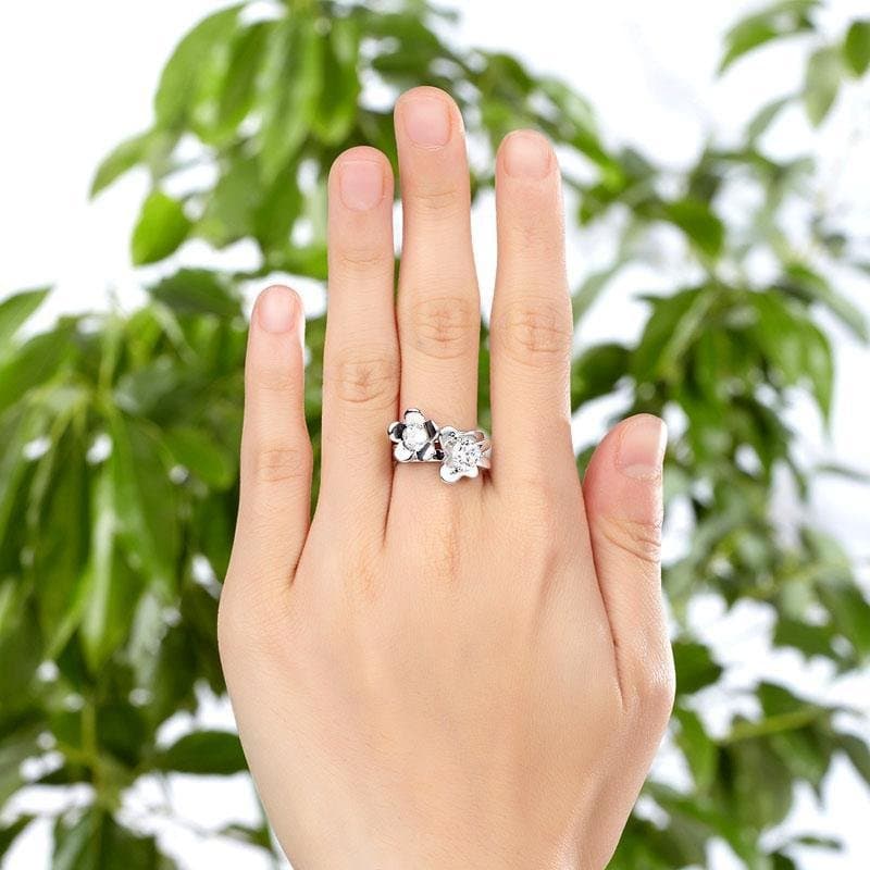 Solid 925 Sterling Silver 2-Pcs Butterfly Flower Ring Set