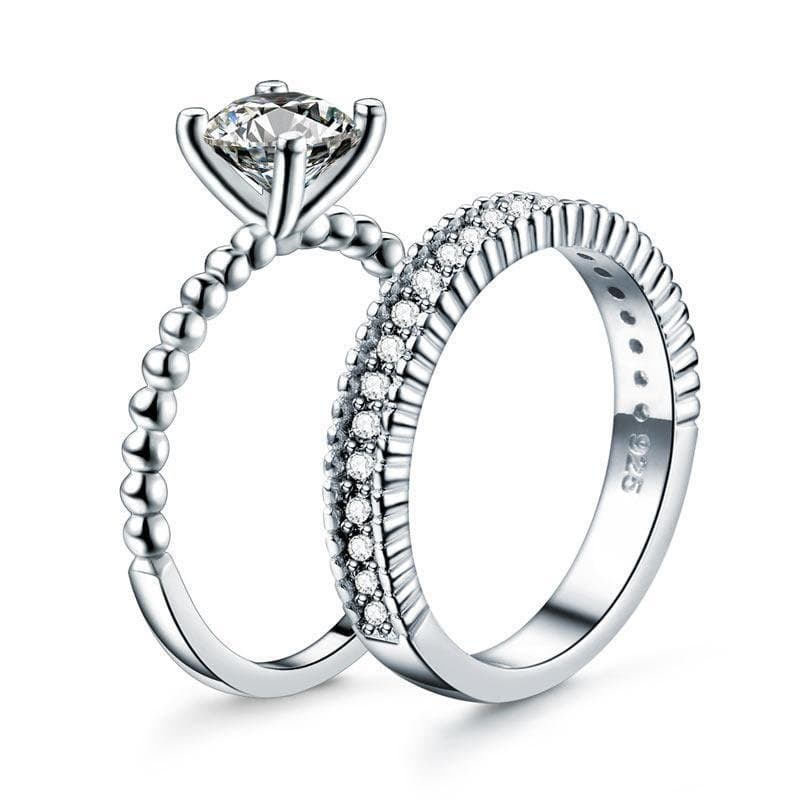 Solid 925 Sterling Silver 2-Pcs Ring Set 1 Ct Created Diamante