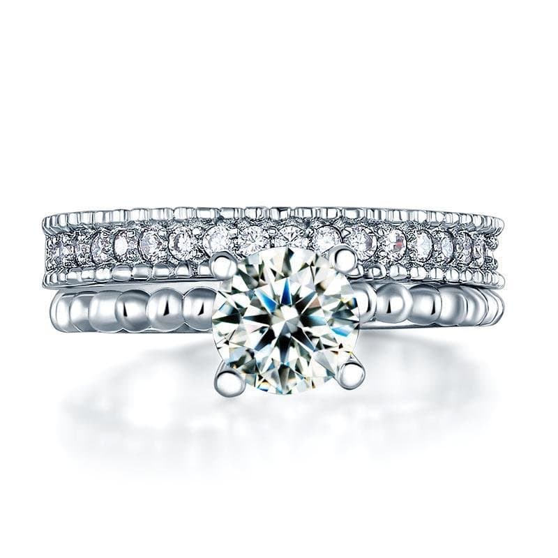 Solid 925 Sterling Silver 2-Pcs Ring Set 1 Ct Created Diamante