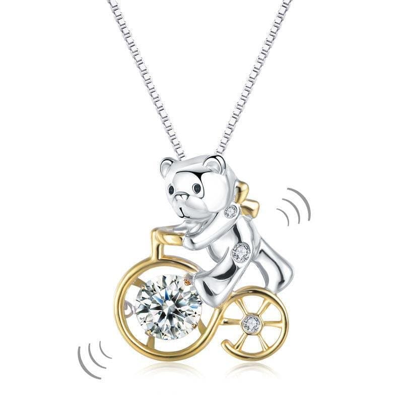 Bear Ride Bicycle Dancing Stone Pendant Necklace