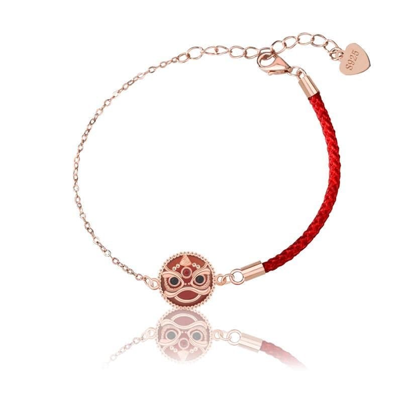 Round Red Natural Agate Chinese Tiger 925 Sterling Silver Bracelet