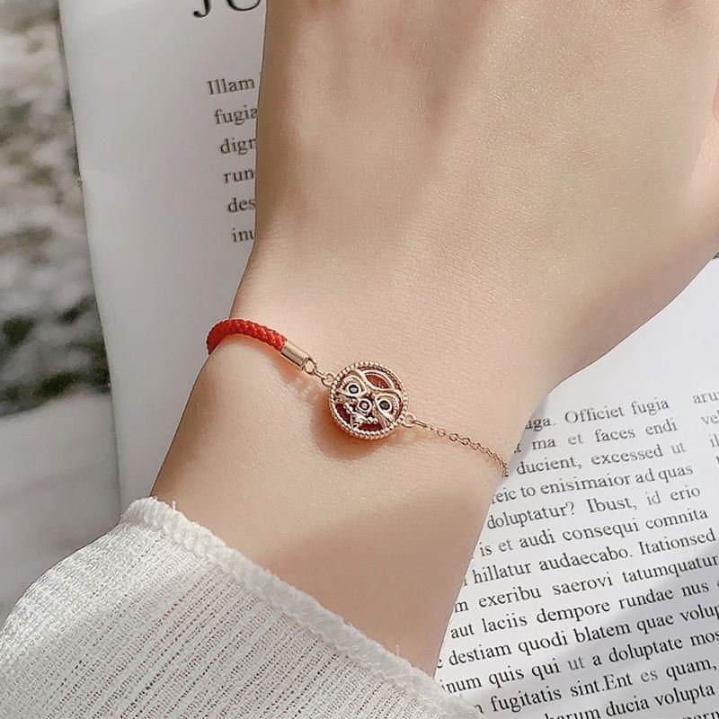 Round Red Natural Agate Chinese Tiger 925 Sterling Silver Bracelet