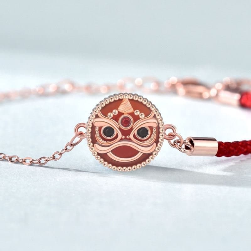 Round Red Natural Agate Chinese Tiger 925 Sterling Silver Bracelet