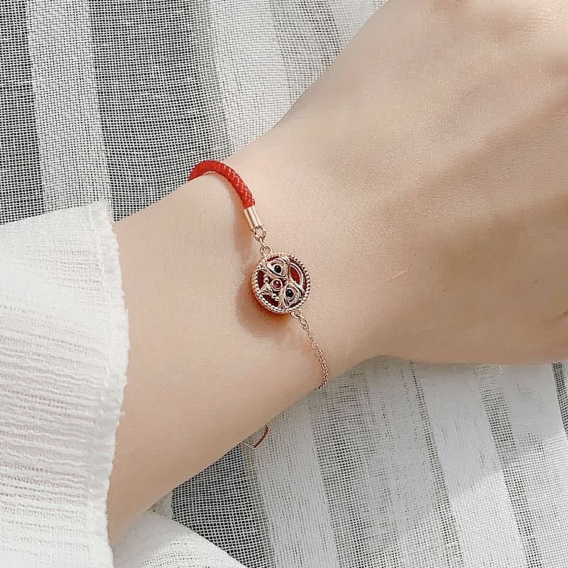 Round Red Natural Agate Chinese Tiger 925 Sterling Silver Bracelet