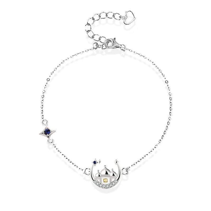 CZ Castle Crescent Moon Star 925 Sterling Silver Bracelet