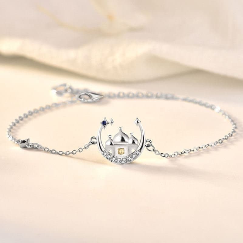 CZ Castle Crescent Moon Star 925 Sterling Silver Bracelet