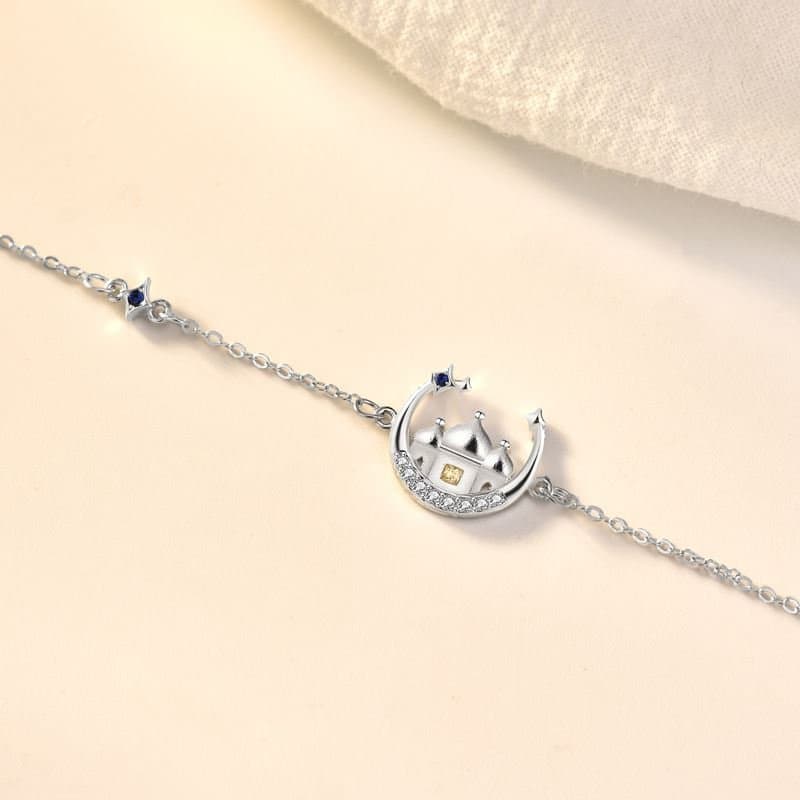 CZ Castle Crescent Moon Star 925 Sterling Silver Bracelet