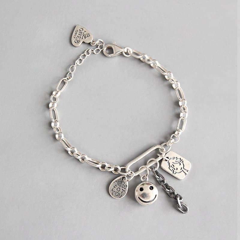 Retro Smile Face Waterdrop Heart Doll Tag 925 Sterling Silver Chain Bracelet