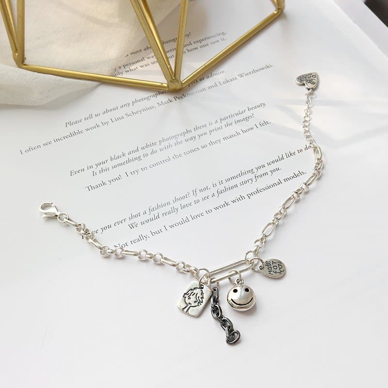 Retro Smile Face Waterdrop Heart Doll Tag 925 Sterling Silver Chain Bracelet