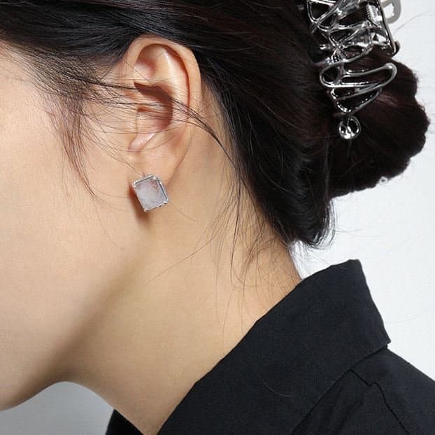 Geometric Natural Crystal Rectangle 925 Sterling Silver Stud Earrings