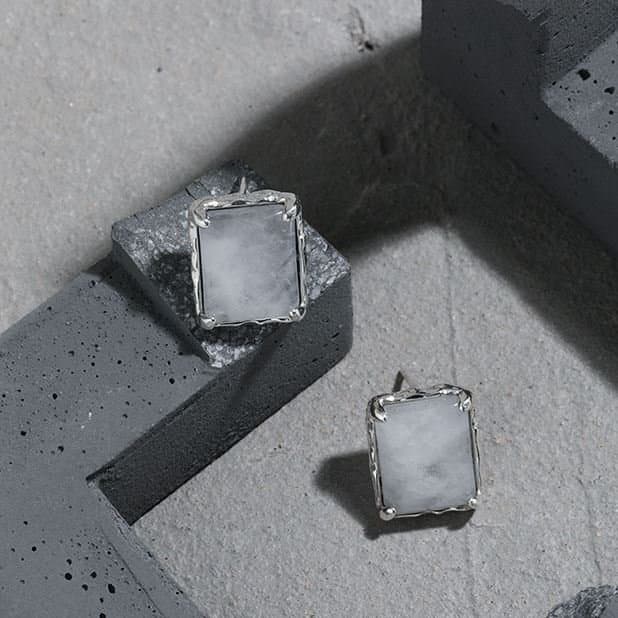 Geometric Natural Crystal Rectangle 925 Sterling Silver Stud Earrings