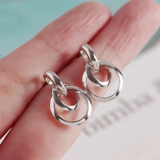 Geometric Double Circles 925 Sterling Silver Dangling Earrings