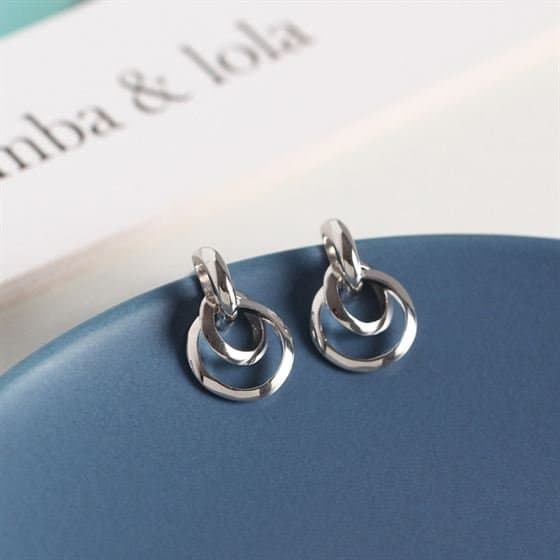 Geometric Double Circles 925 Sterling Silver Dangling Earrings