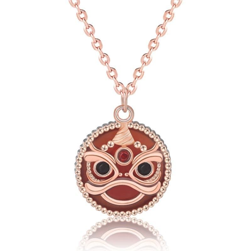 Round Red Natural Agate Chinese Tiger 925 Sterling Silver Necklace