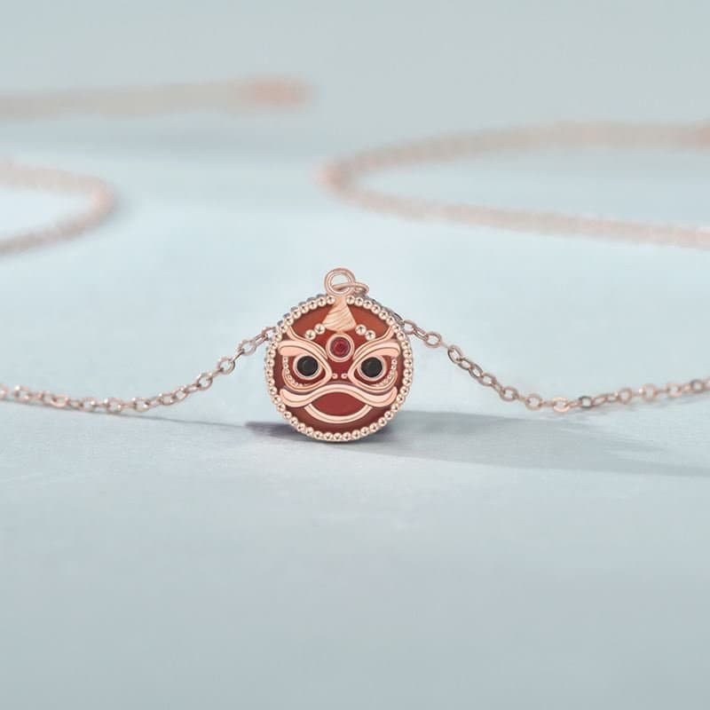 Round Red Natural Agate Chinese Tiger 925 Sterling Silver Necklace