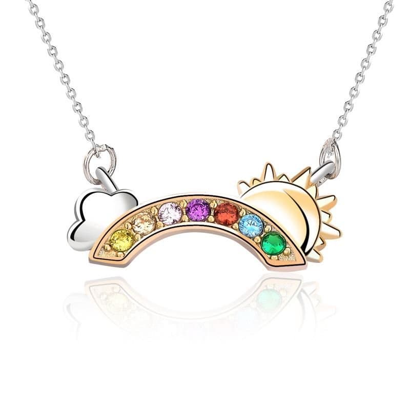 Colourful CZ Rainbow Cloud Sun Girl 925 Sterling Silver Necklace