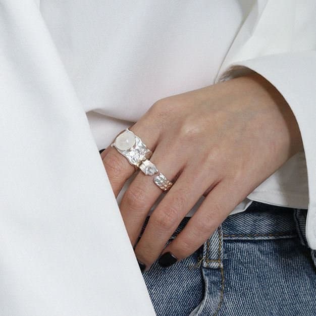 Round Natural Crystal Wide 925 Sterling Silver Adjustable Ring