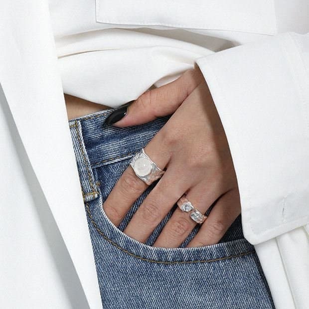 Round Natural Crystal Wide 925 Sterling Silver Adjustable Ring