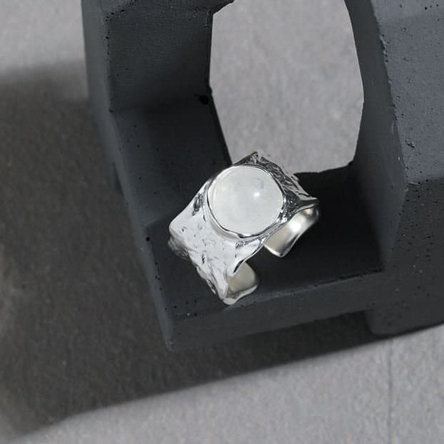 Round Natural Crystal Wide 925 Sterling Silver Adjustable Ring