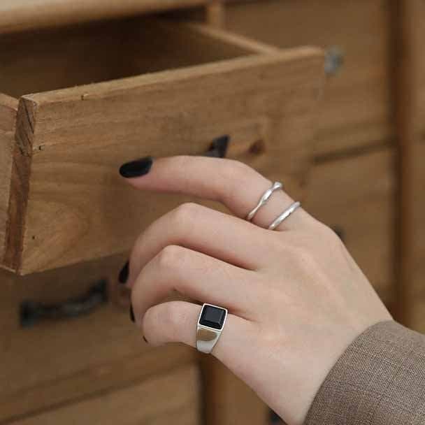 Geometric Square Created Black Agate 925 Sterling Silver Adjustable Ring