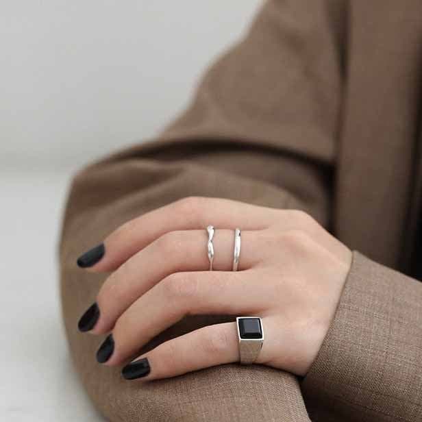 Geometric Square Created Black Agate 925 Sterling Silver Adjustable Ring