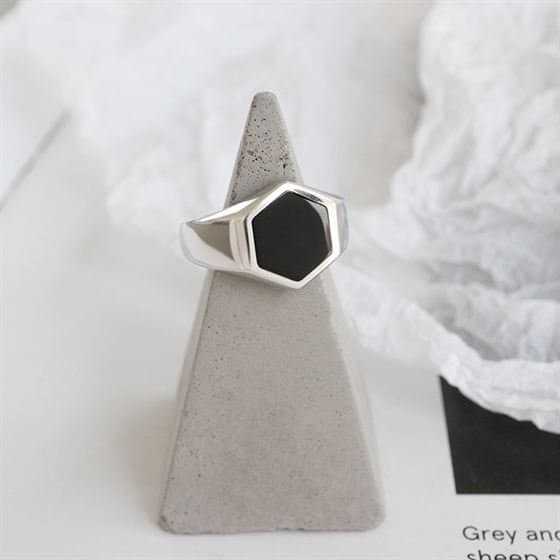 Office Geometric Black Hexagon 925 Sterling Silver Adjustable Ring