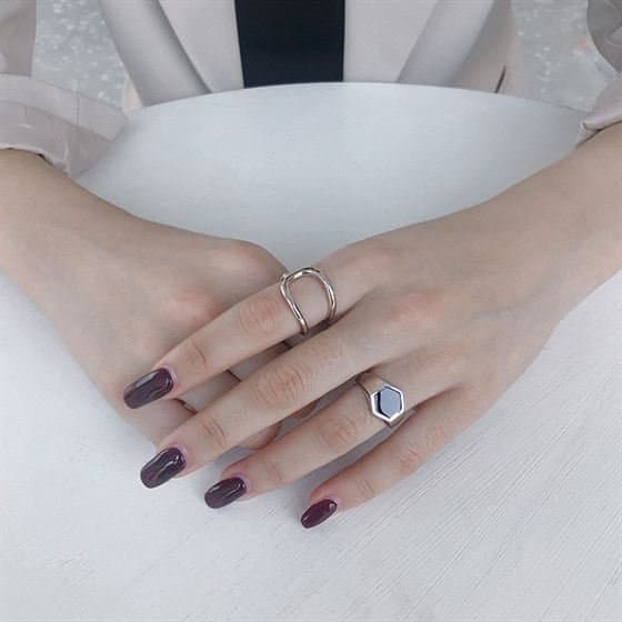 Office Geometric Black Hexagon 925 Sterling Silver Adjustable Ring