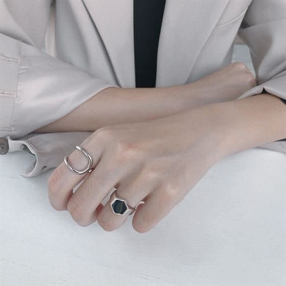 Office Geometric Black Hexagon 925 Sterling Silver Adjustable Ring