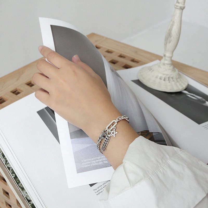 Curb Chain Hollow Star Key Tassels 925 Sterling Silver Bracelet