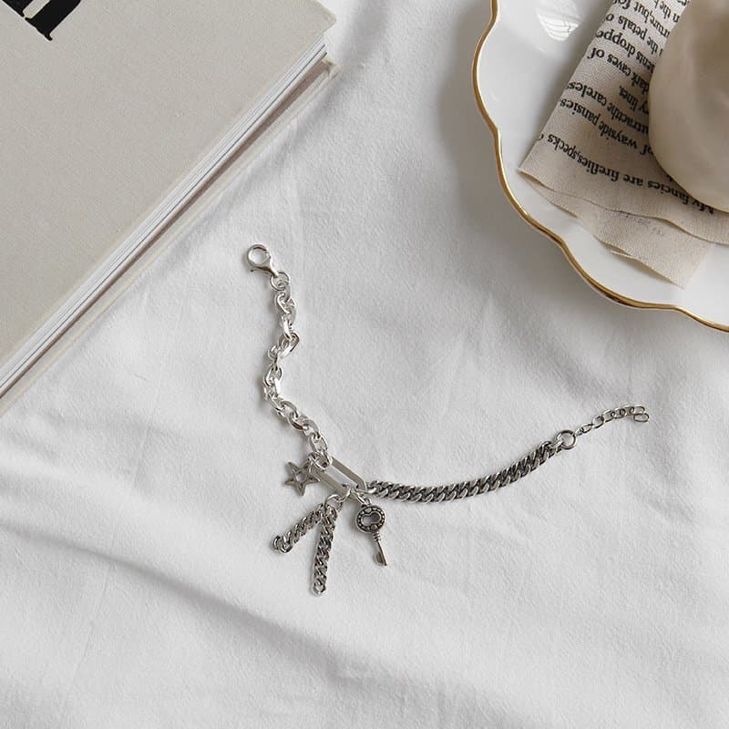 Curb Chain Hollow Star Key Tassels 925 Sterling Silver Bracelet