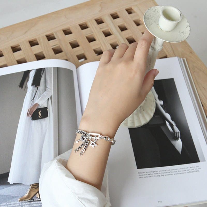 Curb Chain Hollow Star Key Tassels 925 Sterling Silver Bracelet