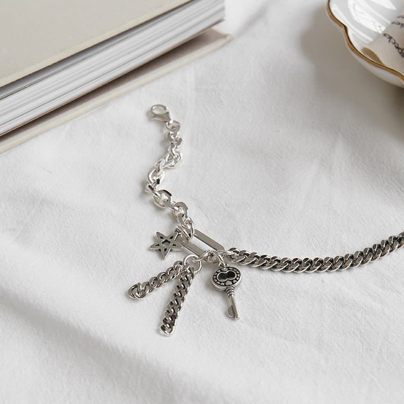 Curb Chain Hollow Star Key Tassels 925 Sterling Silver Bracelet