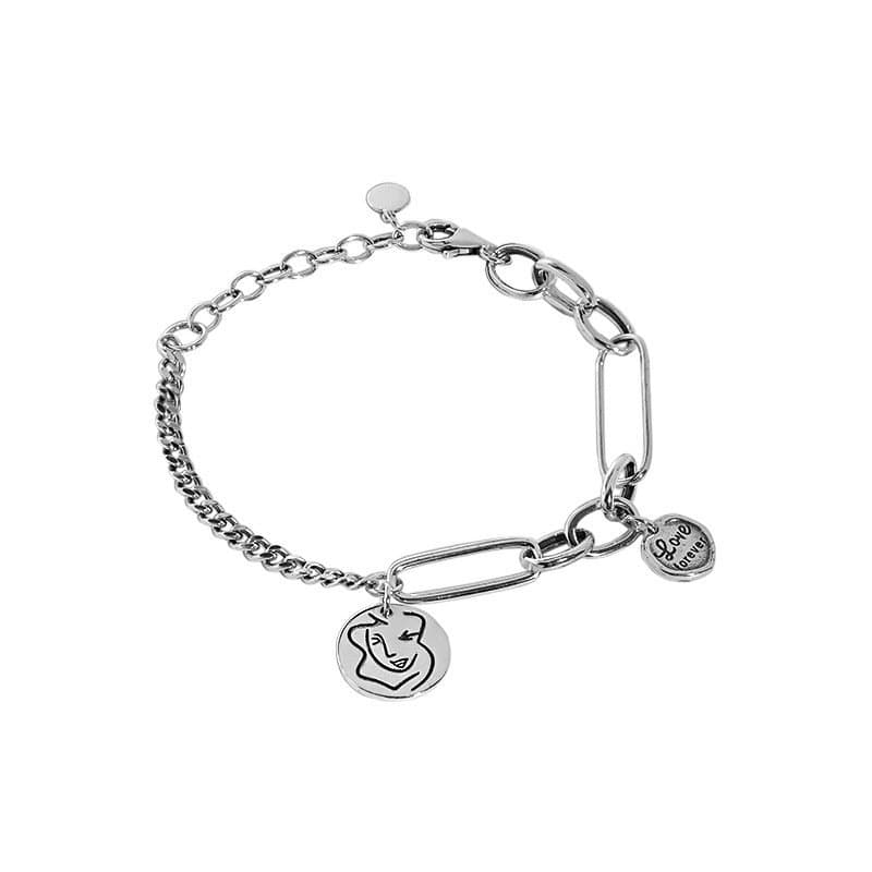 Asymmetric Curb Paperclip Chain Portrait Vintage 925 Sterling Silver Bracelet