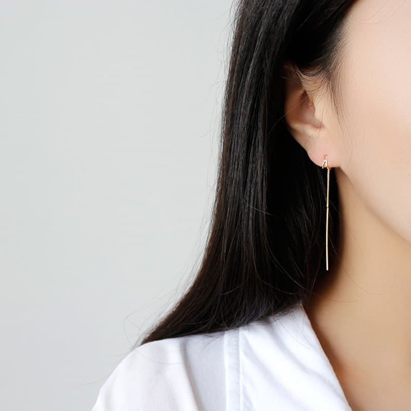 Asymmetric Geometric Triangle Tassels 925 Sterling Silver Thread Dangling Earrings