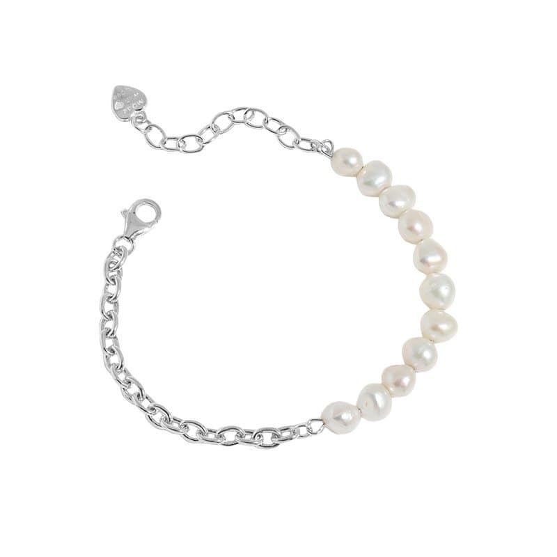 Asymmetric Natural Pearls Curb Chain 925 Sterling Silver Bracelet