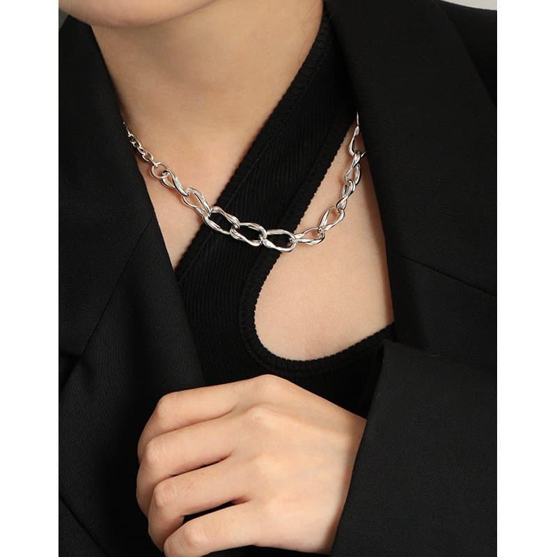 Asymmetric No Plating OT Lock Chain 925 Sterling Silver Necklace