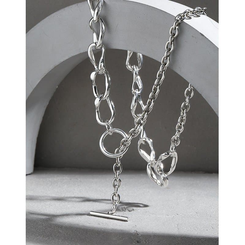 Asymmetric No Plating OT Lock Chain 925 Sterling Silver Necklace