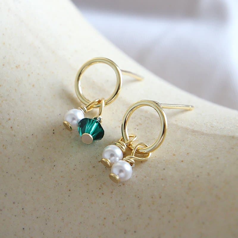 Asymmetric Shell Pearls Green CZ 925 Sterling Silver Stud Earrings