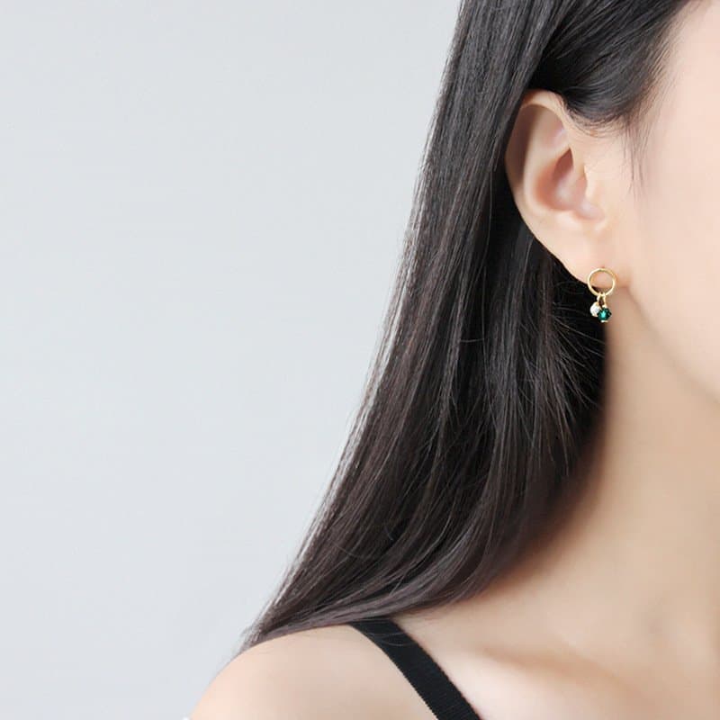 Asymmetric Shell Pearls Green CZ 925 Sterling Silver Stud Earrings