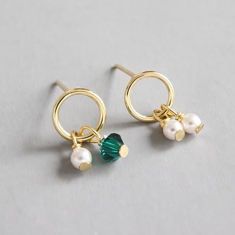 Asymmetric Shell Pearls Green CZ 925 Sterling Silver Stud Earrings