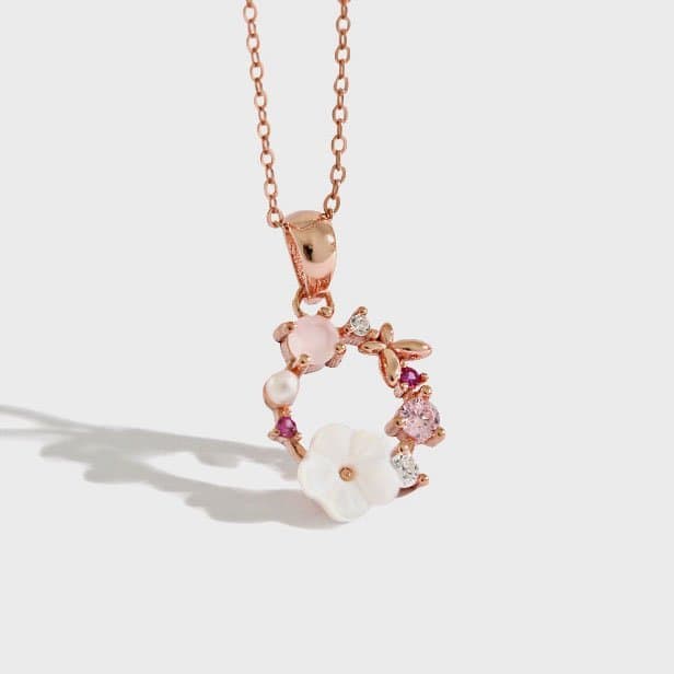 Pink CZ White Shell Flower Garland 925 Sterling Silver Necklace