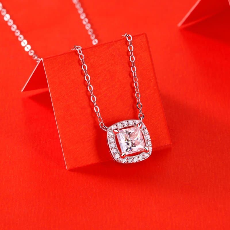 Square Moissanite CZ Geometric 925 Sterling Silver Necklace