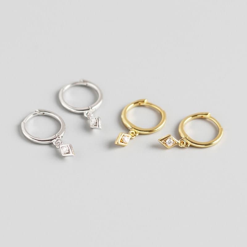 CZ Geometric Rhombus 925 Sterling Silver Hoop Earrings
