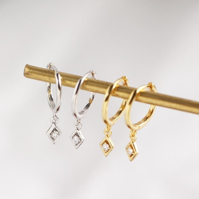 CZ Geometric Rhombus 925 Sterling Silver Hoop Earrings