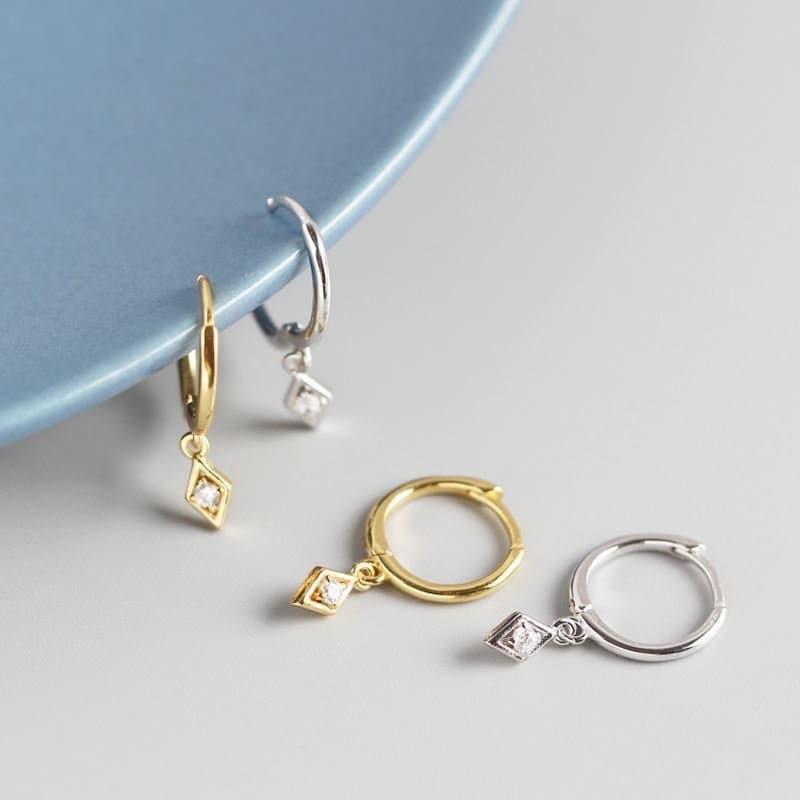 CZ Geometric Rhombus 925 Sterling Silver Hoop Earrings
