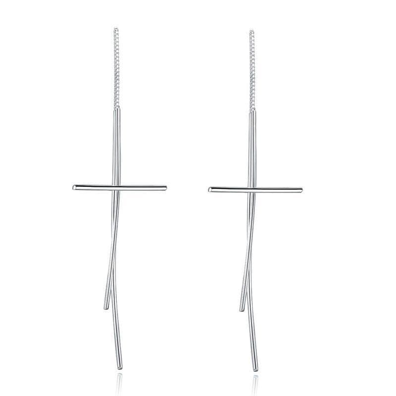 Dangle Drop Cross Sterling Silver Earrings
