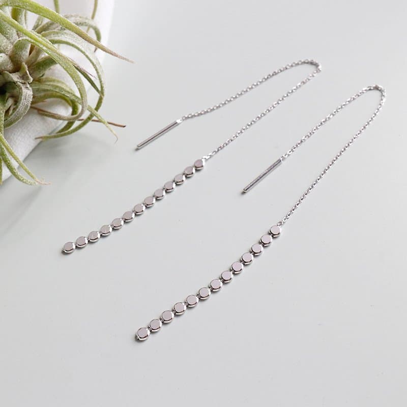 Elegant Flat Beads Tassels 925 Sterling Silver Thread Dangling Earrings